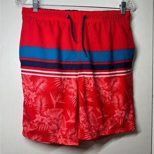 Spyder Boys Red Blue Striped Tropical Floral Drawstring Swim Shorts Size XL